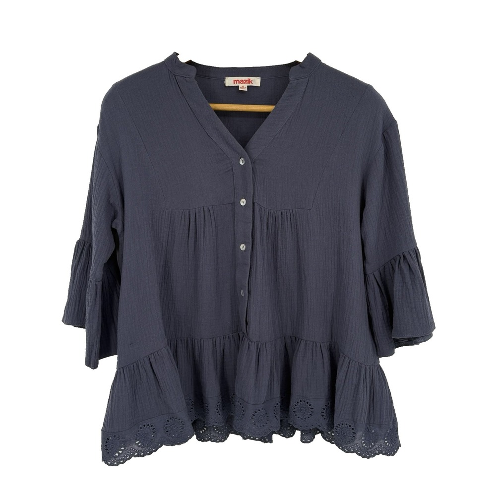 Mazik Womens Double Gauze Tiered Top Medium Blue Eyelet‎ Ruffle Boho Cottagecore